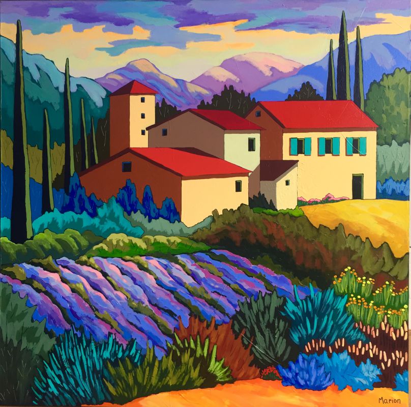 Cyprs et lavande 40x40-disponible a Fallen Leaf Art Gallery, Canmore