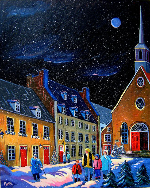 Neige de nuit dans le Vieux Québec 24x30